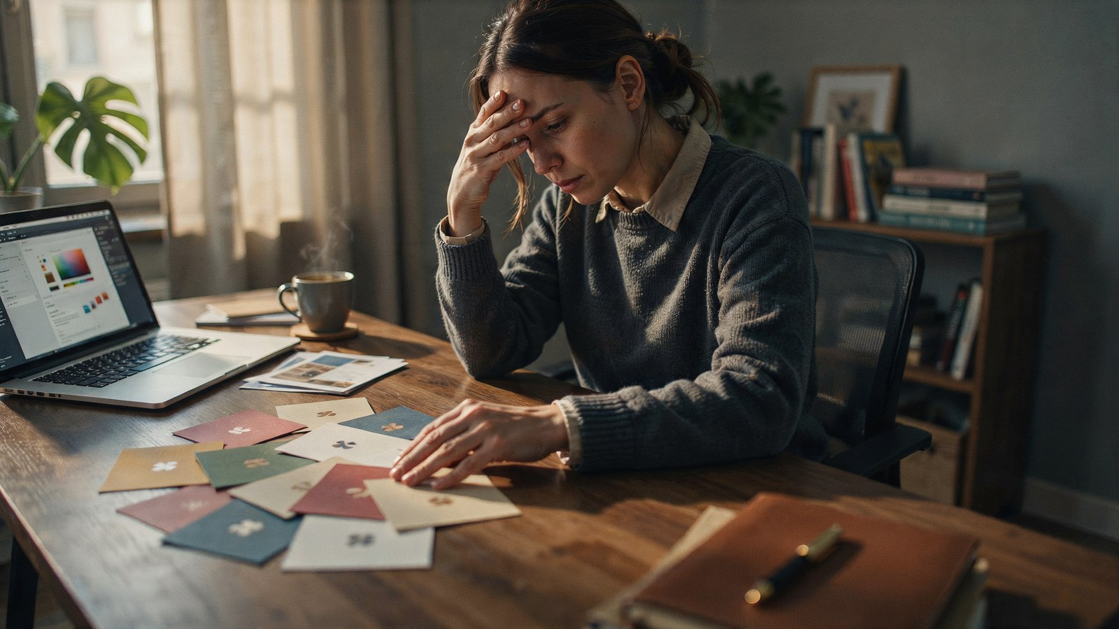 A frustrated business owner at a desk reviewing a fan of mismatched, different-colored brand cards beside a laptop