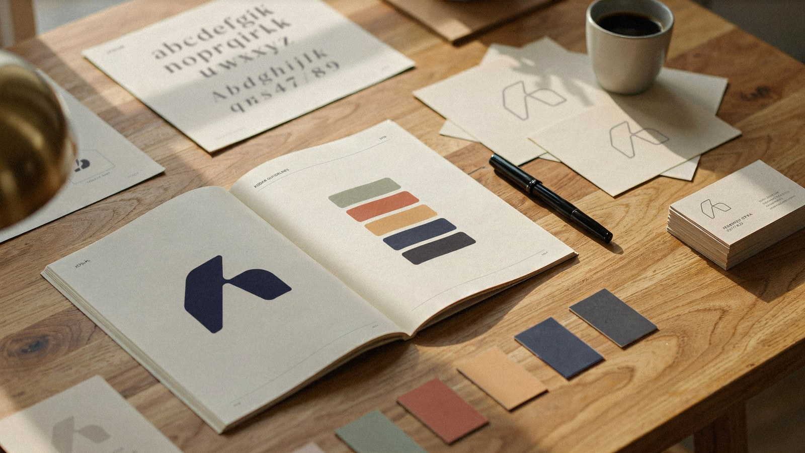 Designer working on logo concepts and brand identity materials at a desk