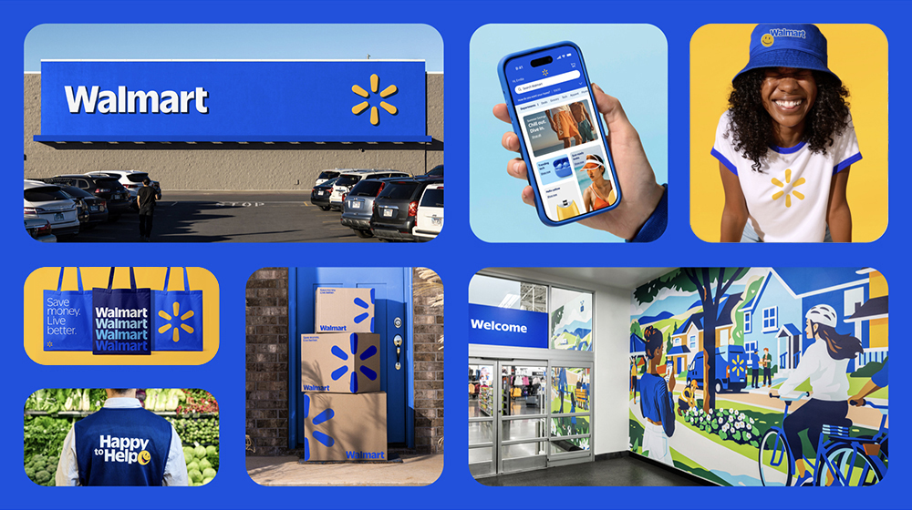 Walmart's 2025 brand refresh showing the updated logo, Spark icon, True Blue and Spark Yellow color palette alongside the previous 2008 identity