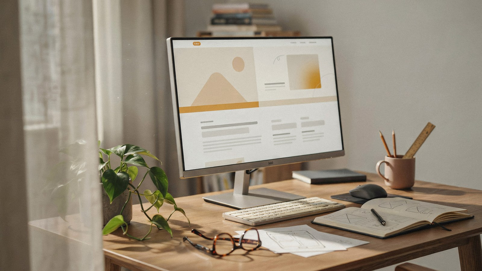 Modern web design workspace with code on monitor