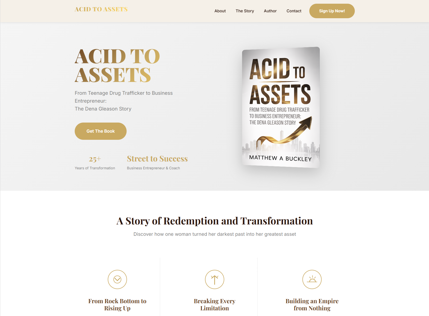 Acid to Assets - Acid to Assets pre-launch landing page hero section featuring book cover, headline about Dena Gleason's transformation story, and email signup call-to-action