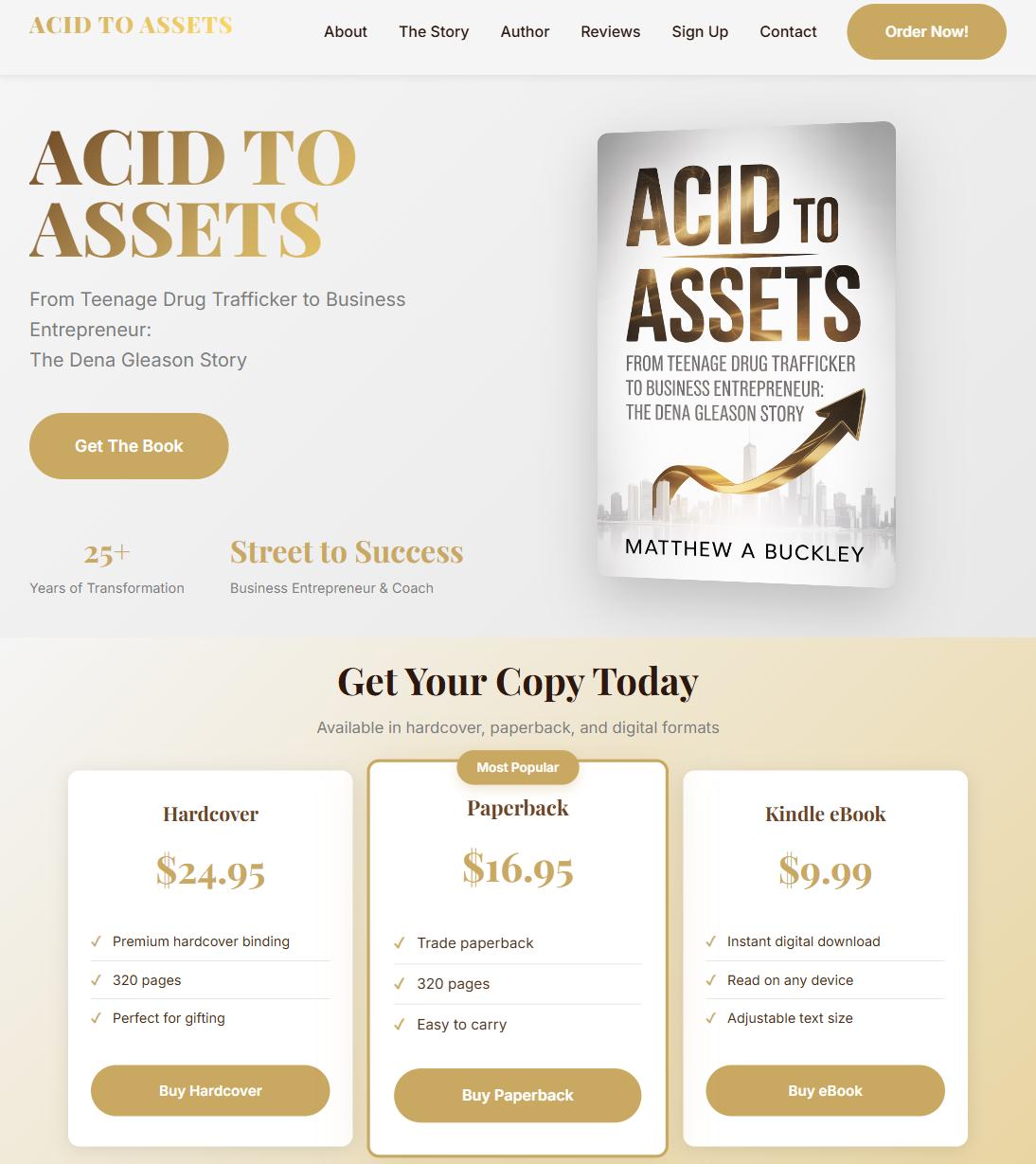 Acid to Assets - Acid to Assets book purchase call-to-action section with pre-order button, pricing information, and book cover display