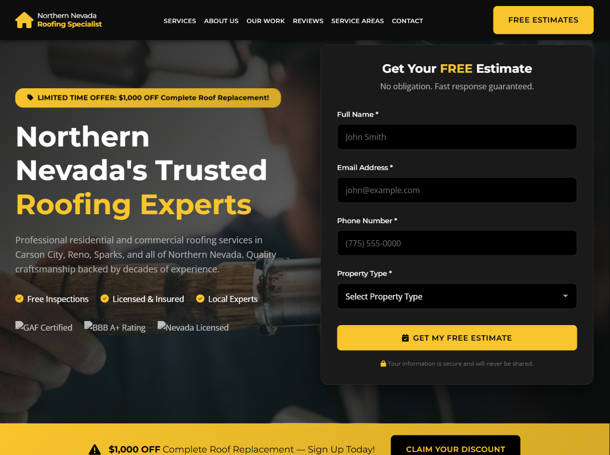 Northern Nevada Roofing Specialist - website design and lead generation project