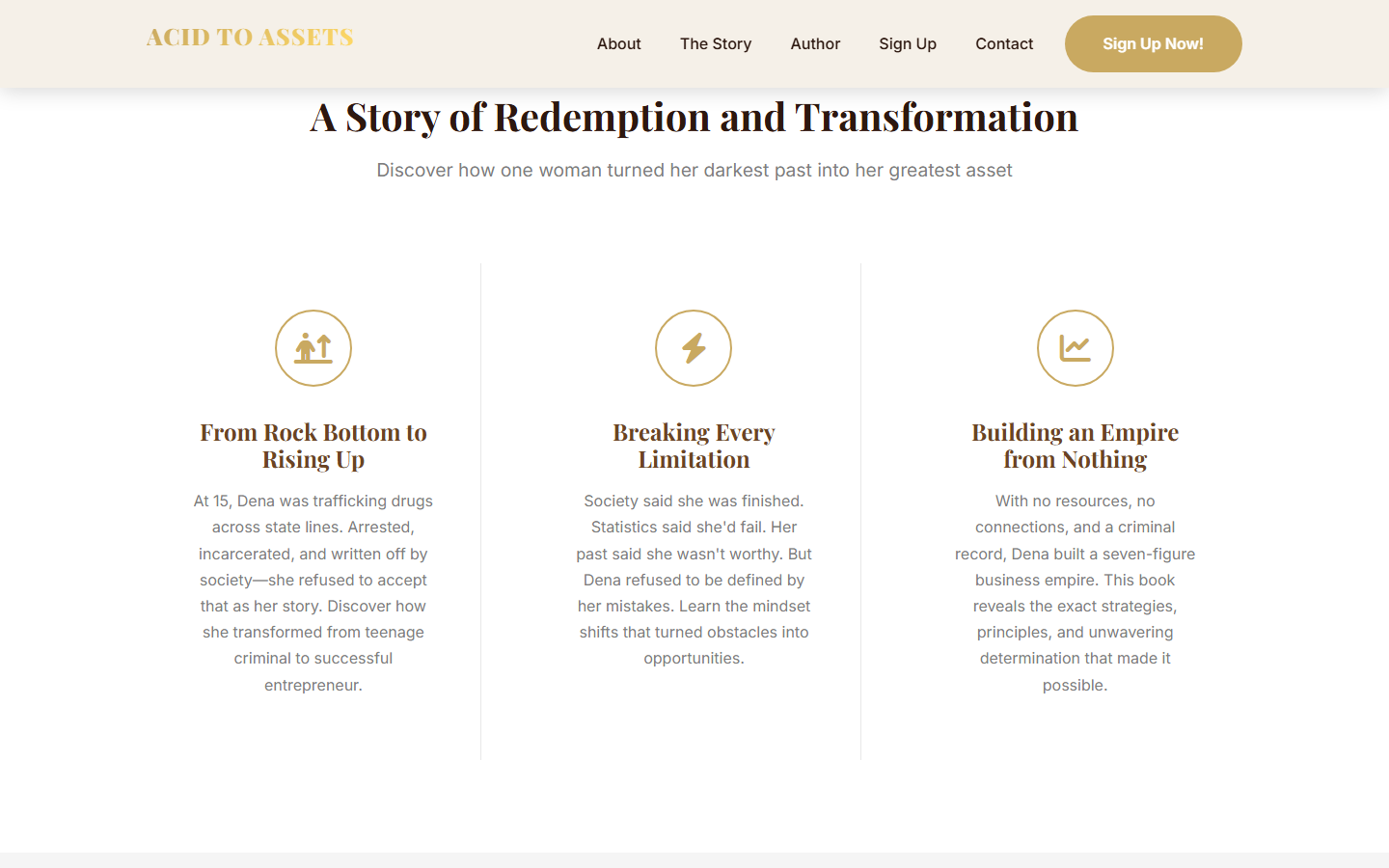 AcidToAssets.com three feature cards showcasing Dena's transformation from rock bottom through breaking limitations to building a business empire