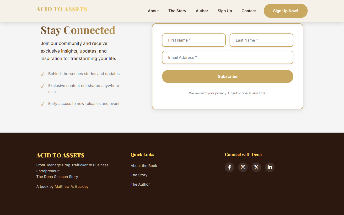 AcidToAssets.com Stay Connected email signup section with three-field Mailchimp form, benefit checkmarks, and privacy reassurance