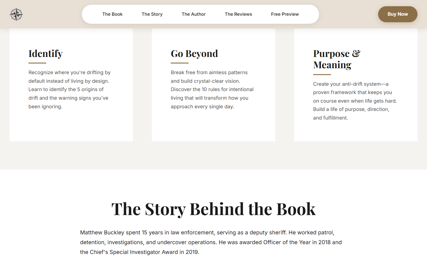 DitchTheDrift.com three feature cards — Identify the Drift, Go Beyond, Purpose and Meaning — on light gray background with bronze accents