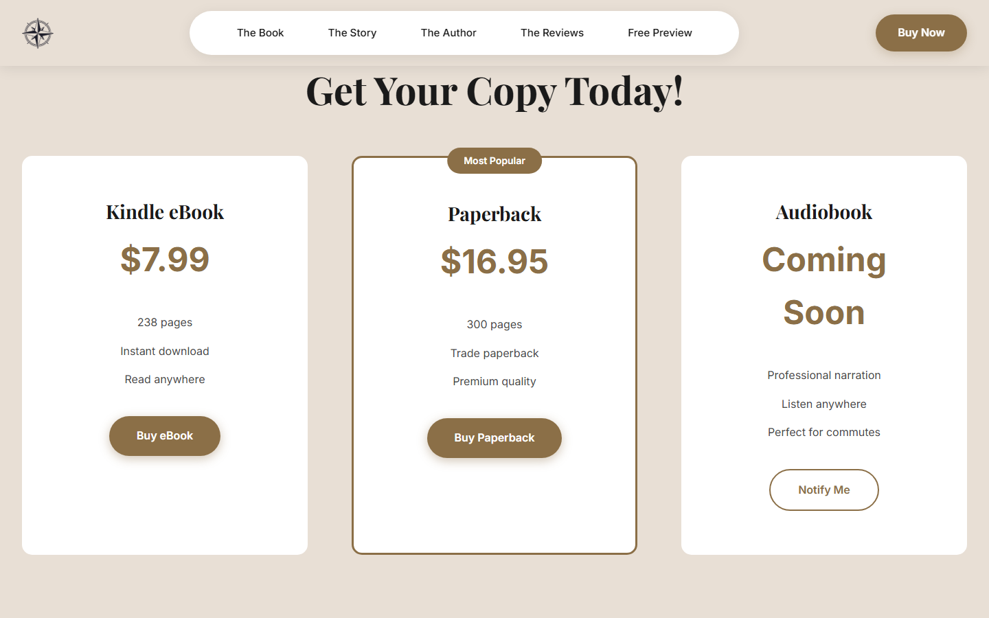 DitchTheDrift.com three-tier pricing layout with Kindle eBook, featured Paperback with Most Popular badge, and Audiobook Coming Soon teaser