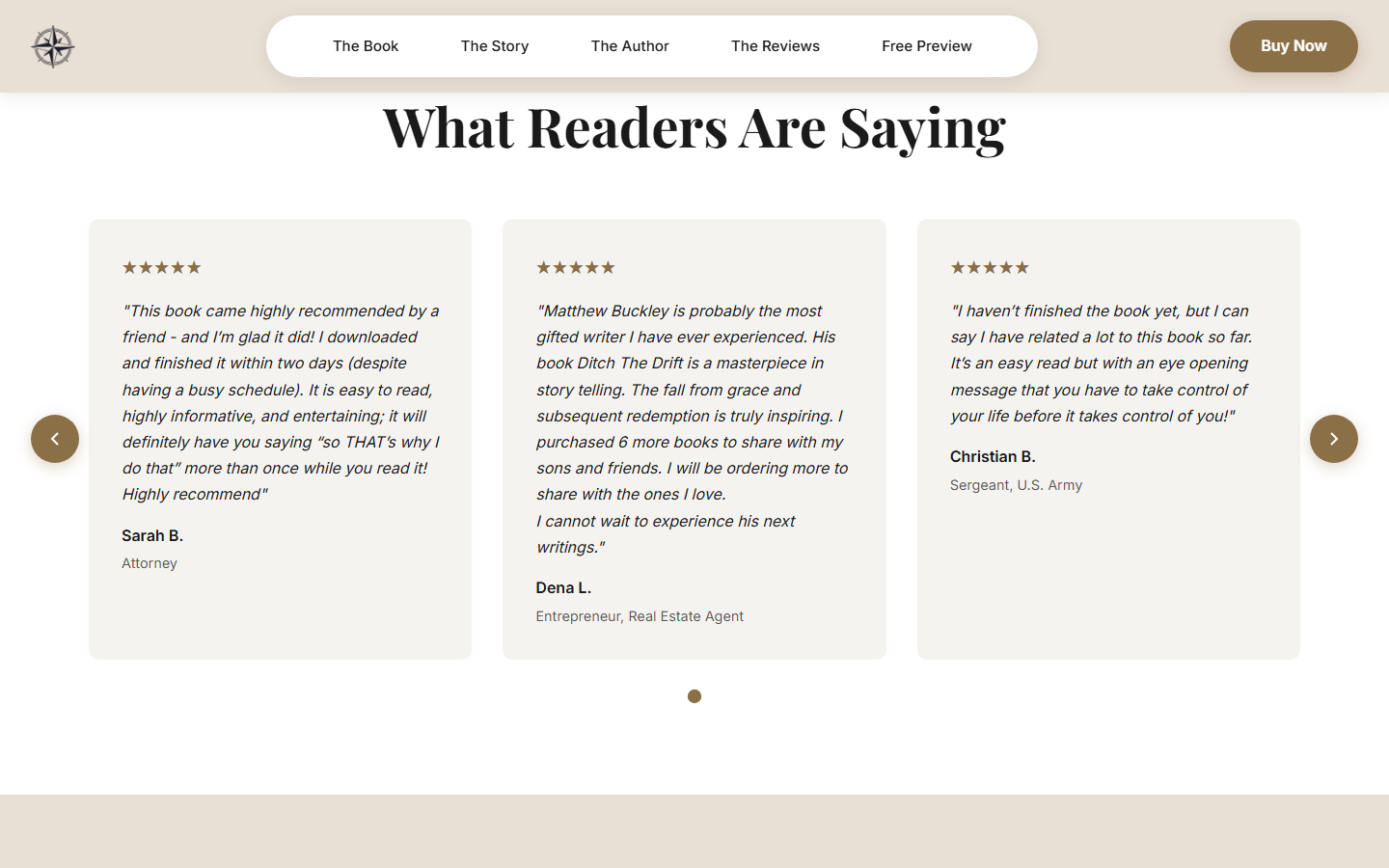 DitchTheDrift.com custom reviews carousel showing three verified reader reviews with five-star ratings, names, and professions