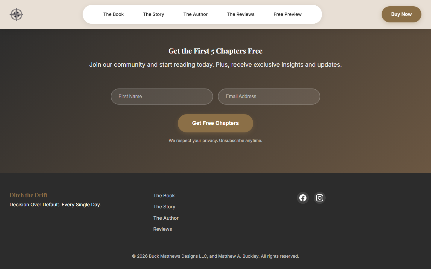 DitchTheDrift.com dark gradient email signup section with Mailchimp form offering five free chapters as lead magnet