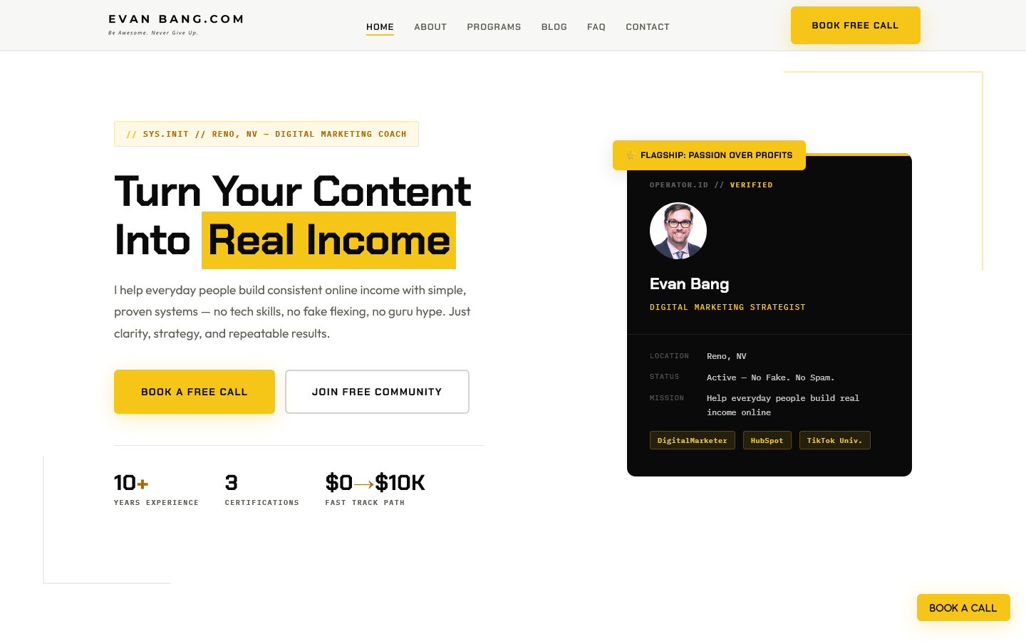 Just Say Bang — EvanBang.com website for digital marketing coach Evan Bang