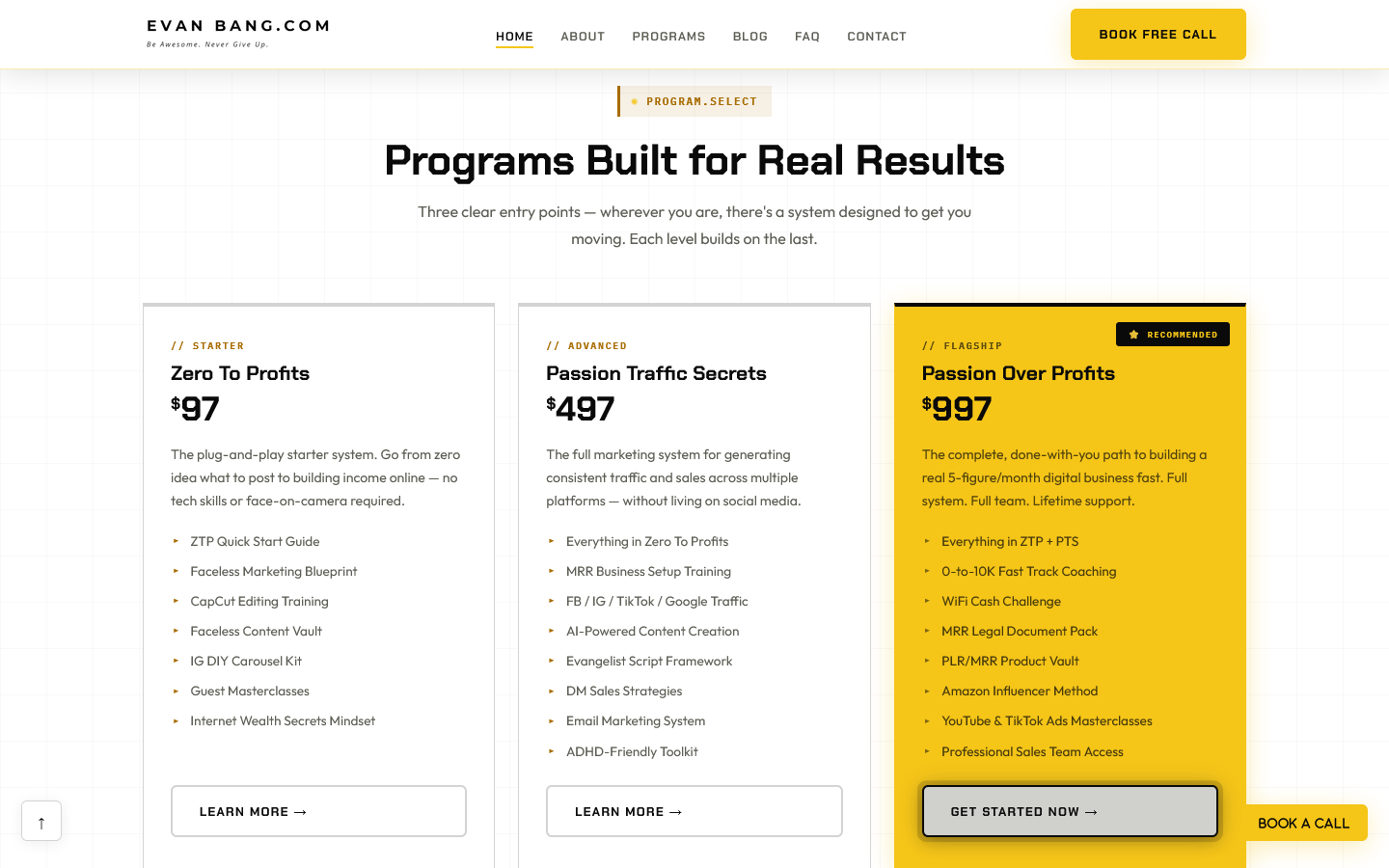 EvanBang.com three-tier program pricing section with Zero To Profits, Passion Traffic Secrets, and the flagship Passion Over Profits cards