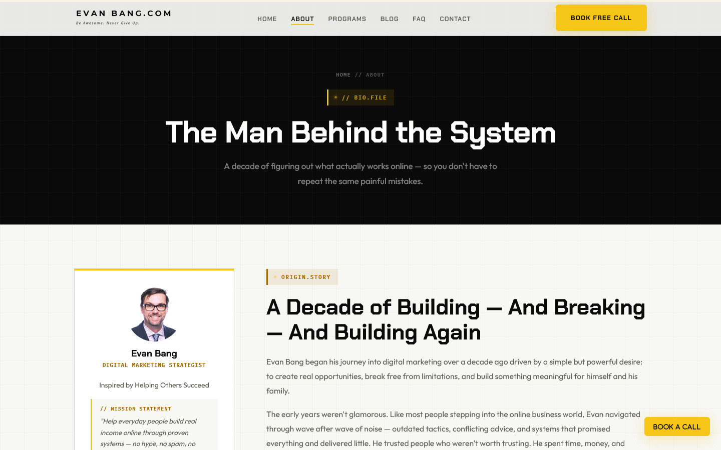 EvanBang.com about page hero section featuring Evan's professional headshot alongside his personal story and mission statement