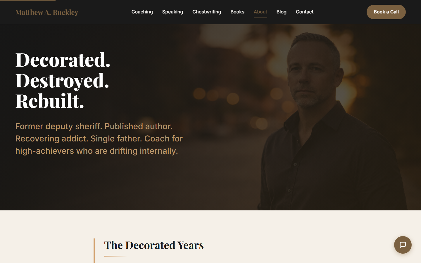 MatthewABuckley.com about page with AI-generated sunset portrait hero and three-act personal narrative