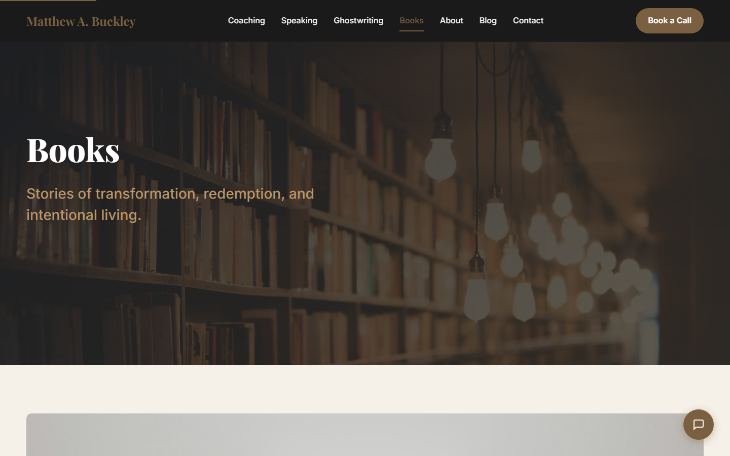 MatthewABuckley.com books page with library hero image, book theme cards, and Ditch the Drift feature section