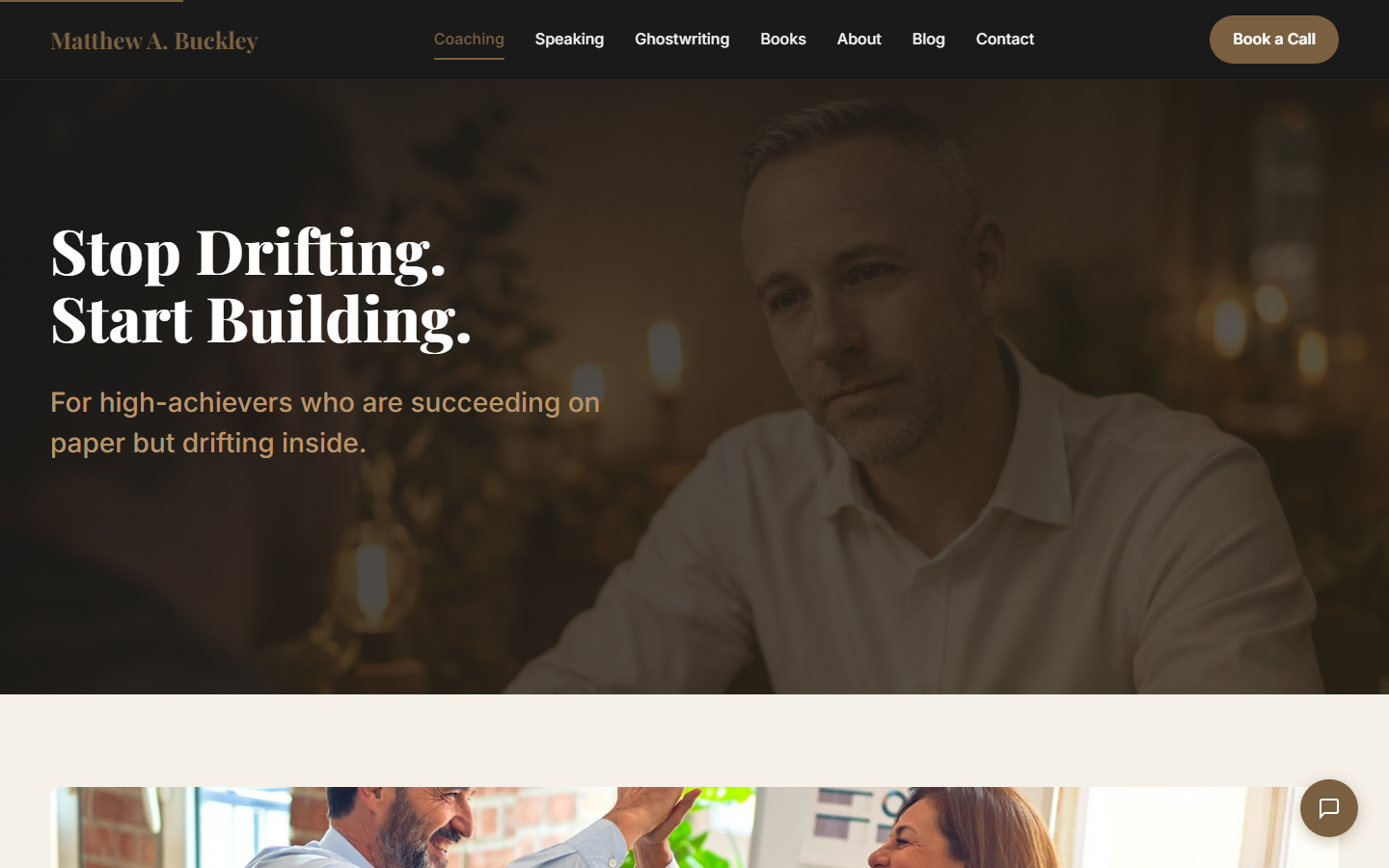 MatthewABuckley.com coaching page with magazine-style hero, coaching session imagery, and program card grid