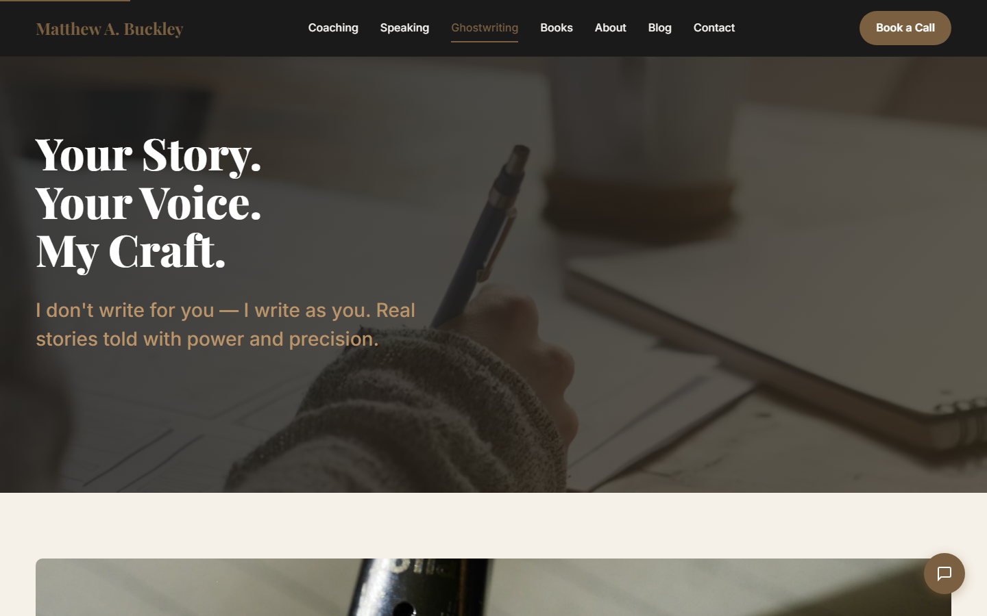 MatthewABuckley.com ghostwriting page with writing-themed hero, process breakdown, and service cards
