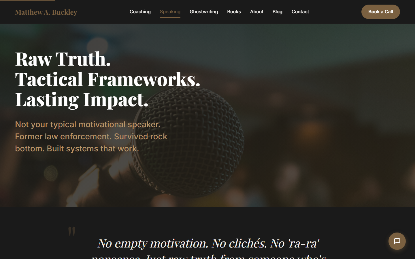 MatthewABuckley.com speaking page with full-bleed hero, featured quote section, and keynote topic cards